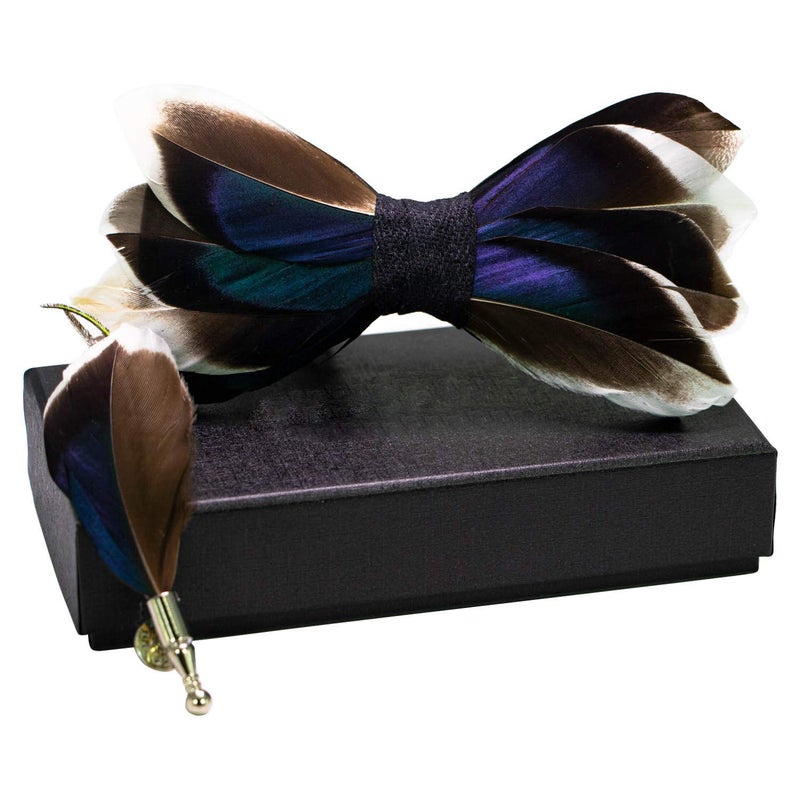 RBOCOTT Mens Handmade Feather Pre-tied Navy Bow tie and Brooch Sets (navy blue/brown) - Image 2